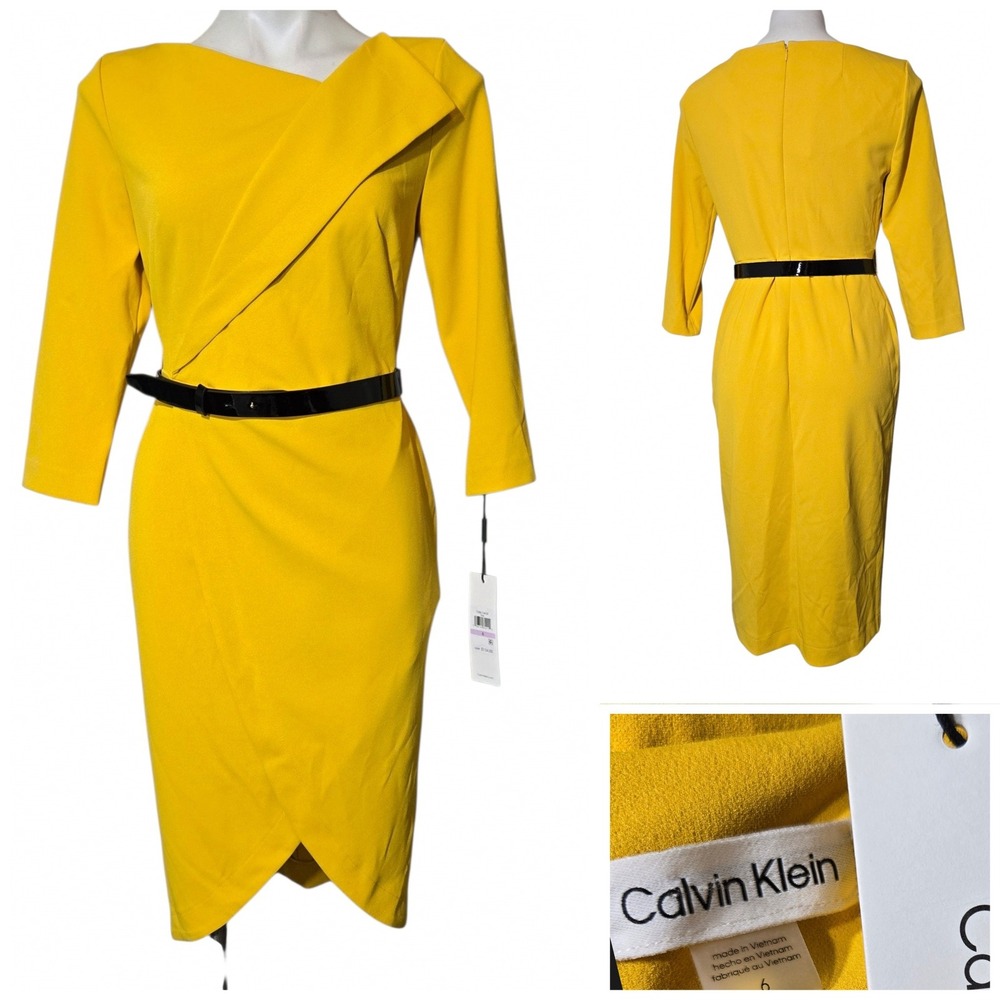Calvin Klein Yellow Asymmetric Belted Sheath Dress CDBC1W3X Size 6 NWT